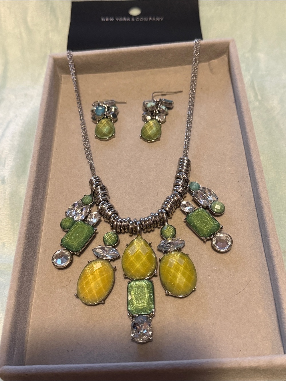 New York & Company Yellow and Light Green Statement Necklace & Earring Set